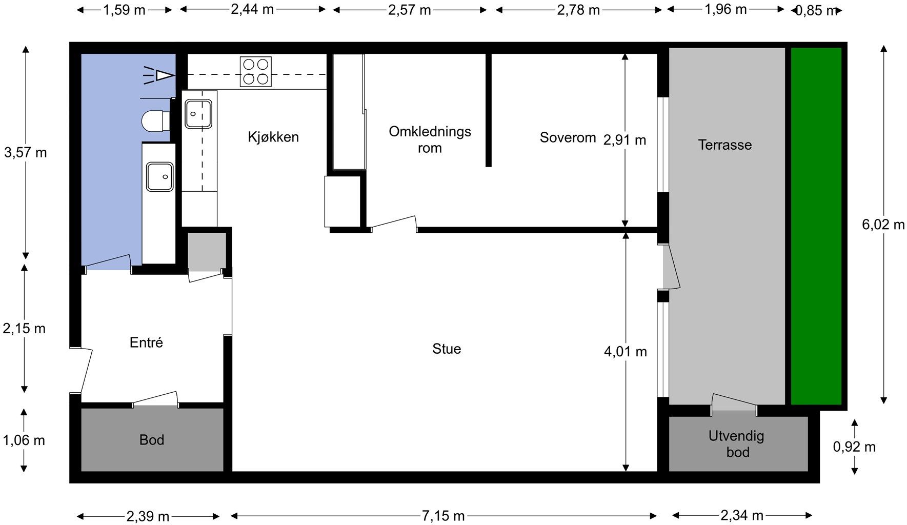 Praktisk planløsning med store rom.