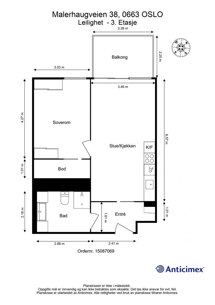 Leiligheten består av en stor og åpen stue/kjøkken med utgang til balkong, et romslig soverom med tilhørende bod/ walk-in og et romslig bad med direkte adkomst fra entré.