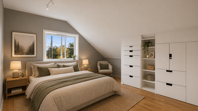 Soverom nr. 3 er et lyst og pent rom med stor garderobeløsning og plass til dobbeltseng, leksepult og en godstol hvor man kan krølle seg sammen med en god bok. Bildet er møblert av AI.