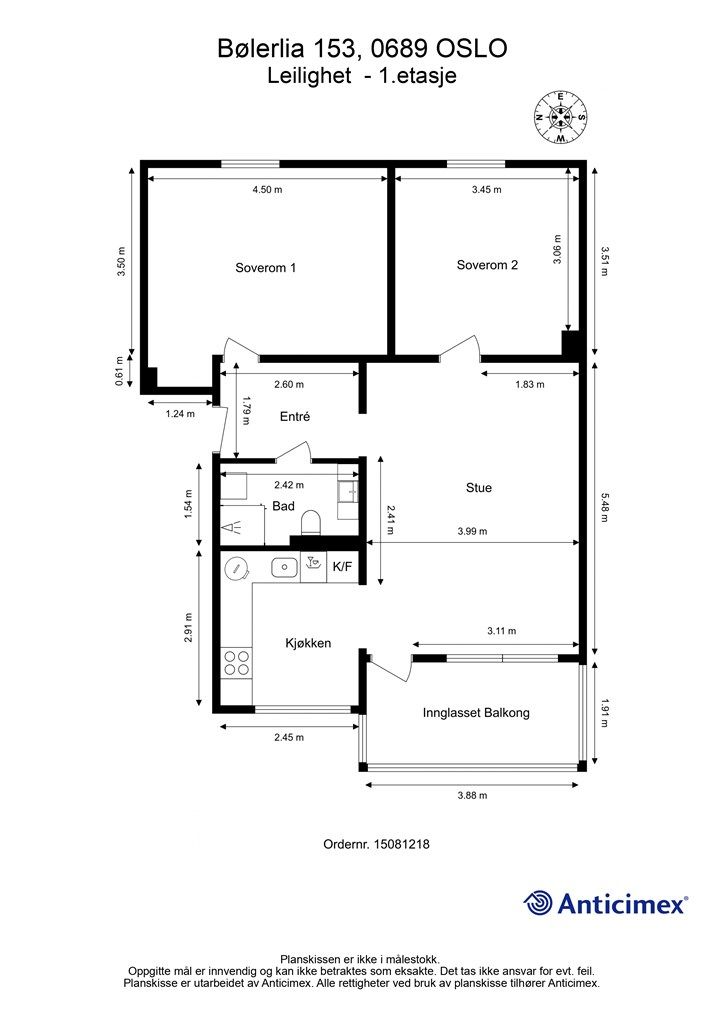 Leiligheten har en effektiv planløsning på 69 m² BRA-i, med to soverom, separat kjøkken og stue med utgang til balkong.