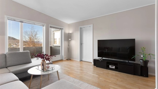 Stuen har parkett på gulvet og oppvarming via radiatorer tilknyttet felles varmesentral. Takhøyden varierer opp til 2,91 meter.