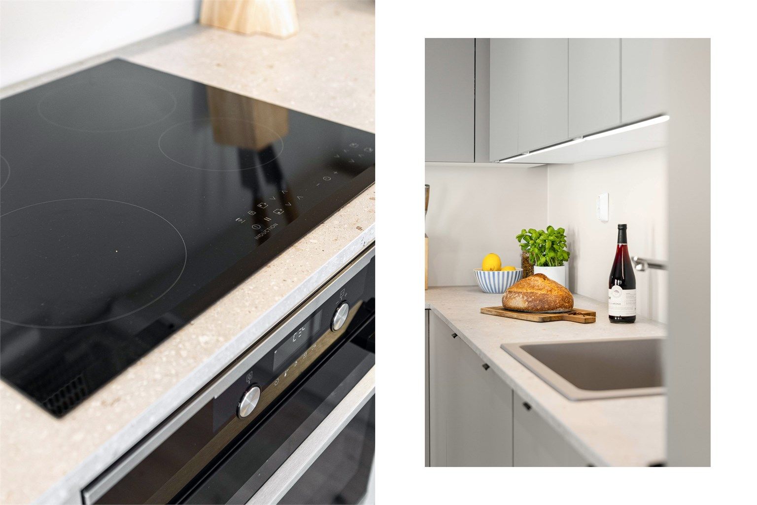 Alle hvitevarer er integrerte og medfølger: oppvaskmaskin, platetopp, stekeovn og kjøl-/fryseskap.