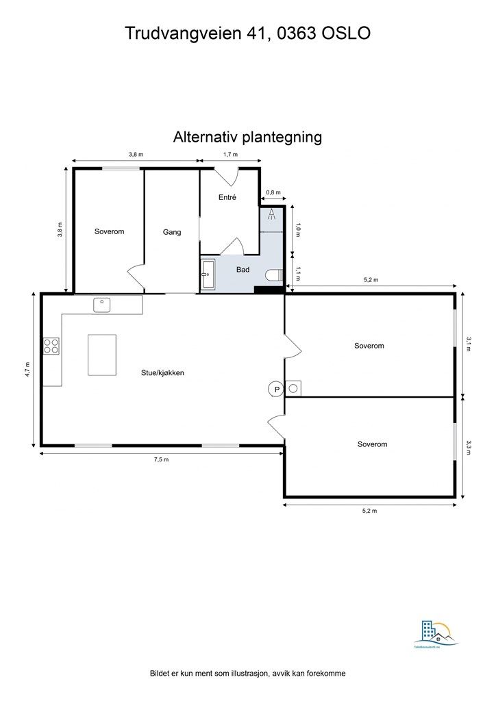 Det er muligheter for å flytte kjøkken og etablere et ekstra soverom - kun ment som illustrasjon. 
