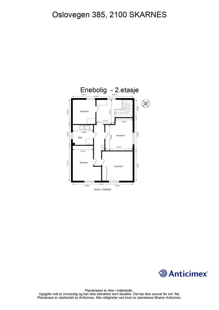 Plantegning loftetasje. Kommunen har ikke byggetegninger av loftetasje og det er derfor uvisst om etasjen er godkjent for varig opphold. 