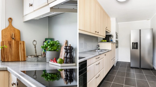 På kjøkkenet medfølger alle hvitevarer utenom frittstående kombiskap; kombiovn fra 2025, oppvaskmaskin fra 2021 og platetopp fra 2017. Kaffemaskin og mikro medfølger ikke.