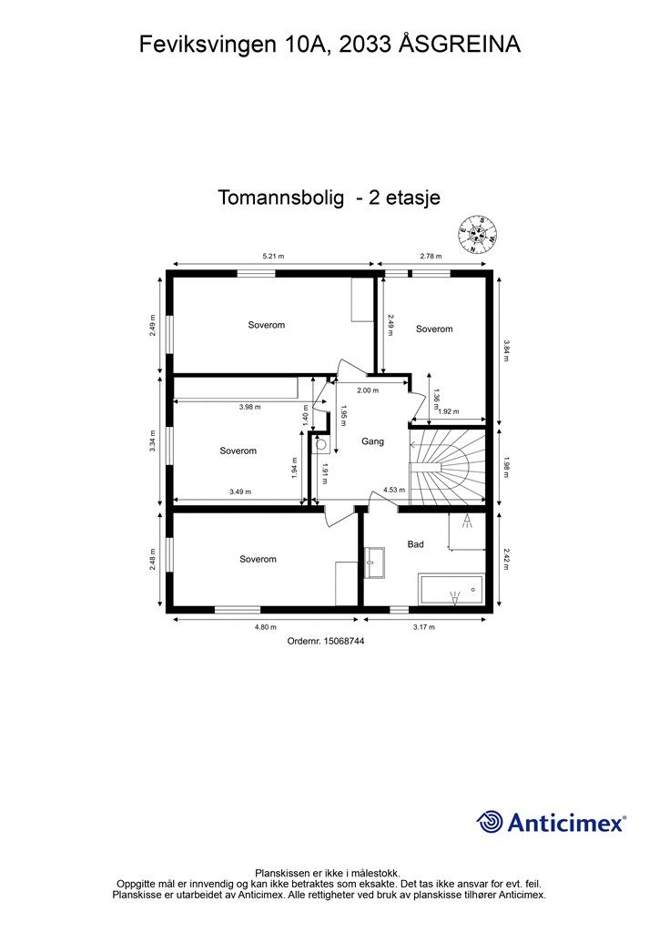 2. etasje | Plantegning med innvendige mål og himmelretning. 