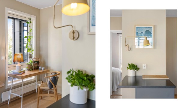 Leiligheten byr på flere smarte løsninger og soner, som denne praktiske arbeidsplassen ved stuen.