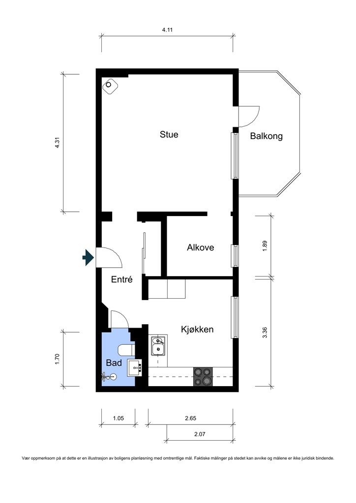 Planløsningen på 40 m² er godt utnyttet med en praktisk alkove som skiller sovedelen fra stuen.