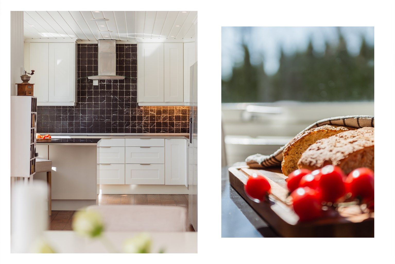 Kjøkkenet har godt med arbeidsflater for matlaging.