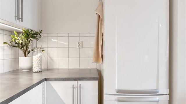 Det er avsatt plass til frittstående kjøleskap og komfyr.