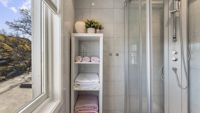 Badet er utstyrt med dusjkabinett og har elektrisk avtrekksvifte.