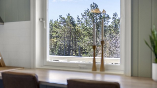Fra kjøkkenbenken kan du nyte utsikten mot skogen og nærområdet.
