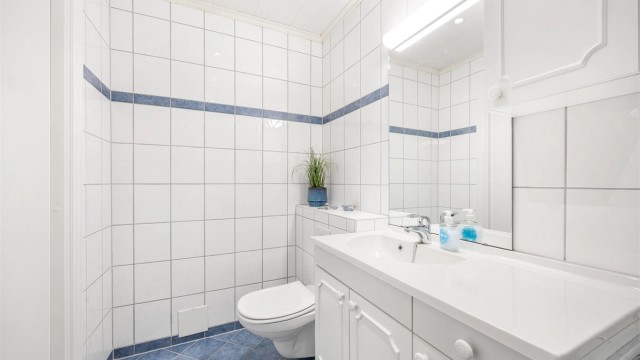 Baderommet i første etasje er utstyrt med vegghengt toalett og heldekkende servant.