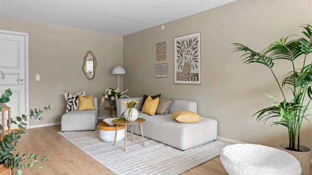 - Romslig stue malt i nydelig beigetone -