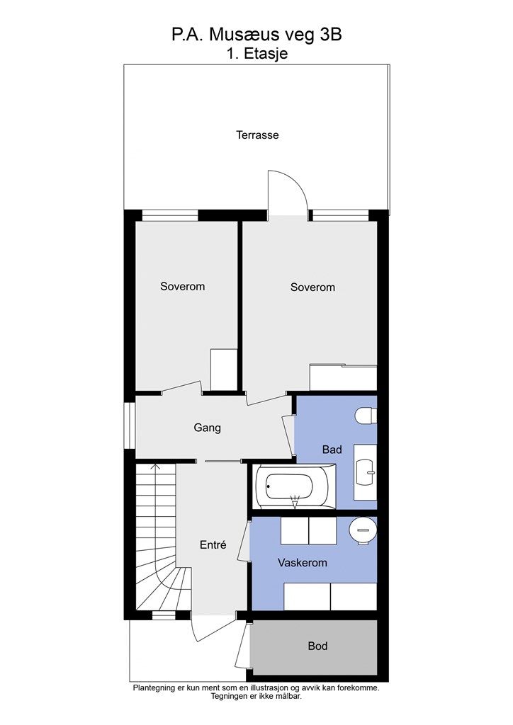 Første etasje samler boligens private rom, med to soverom og hovedbad.