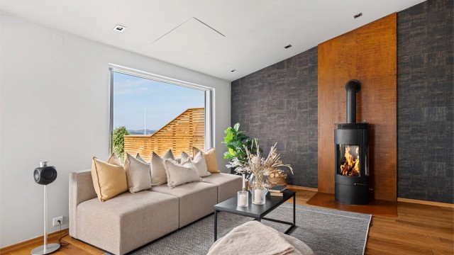 Integrert kinolerret og prosjektor som elegant forsvinner inn i taket når det ikke er i bruk .