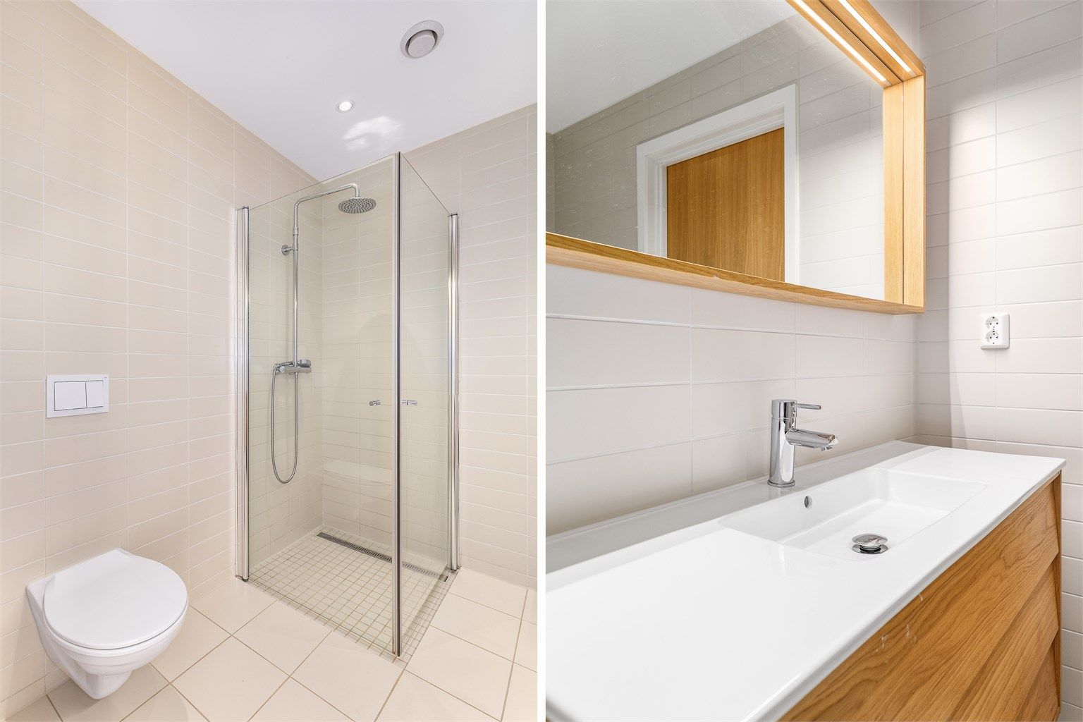 Badet er innredet med lekre designmøbler fra svenske Hafa. I hjørnet innenfor er det strømuttak til både vaskemaskin og tørketrommel.