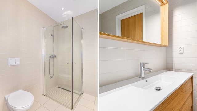 Badet er innredet med lekre designmøbler fra svenske Hafa. I hjørnet innenfor er det strømuttak til både vaskemaskin og tørketrommel.