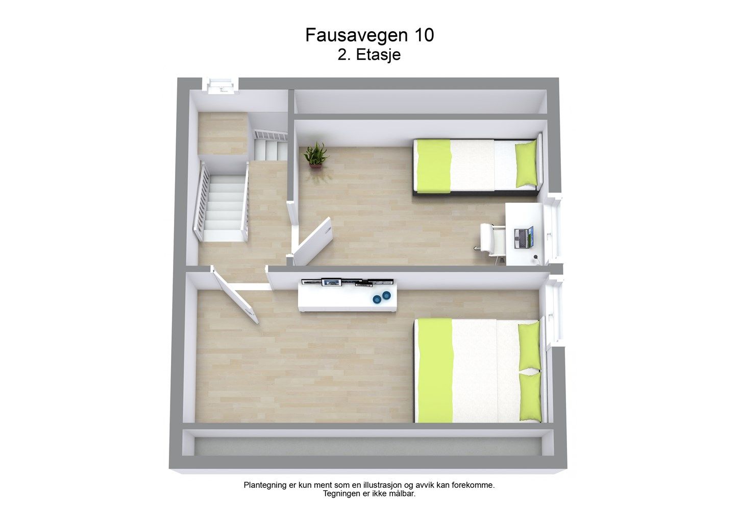 Loftsetasjen er innredet med trapperom og to disponible rom.