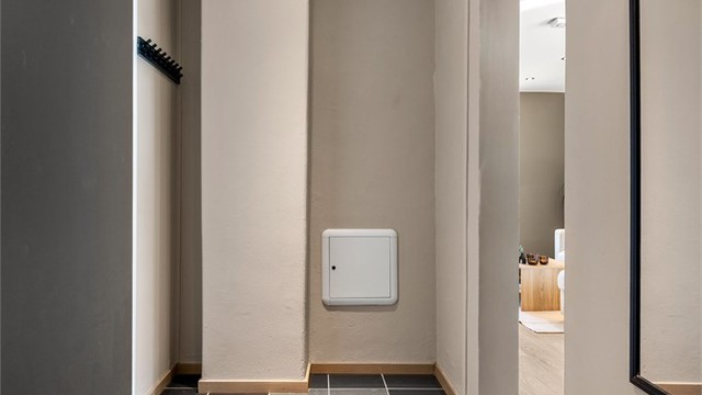 Fra entréen er det åpen tilgang videre inn i stuen og til badet. Leiligheten har en smarthusløsning for styring av varme.