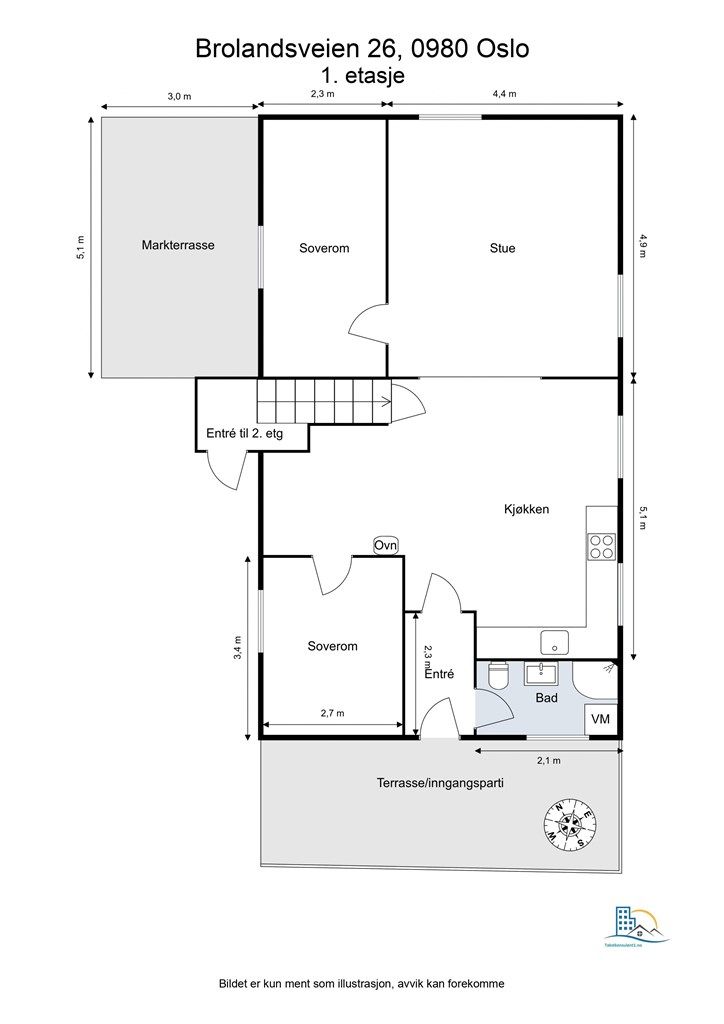 Første etasje er innredet som en egen boenhet med entré, bad, to soverom, kjøkken og stue.