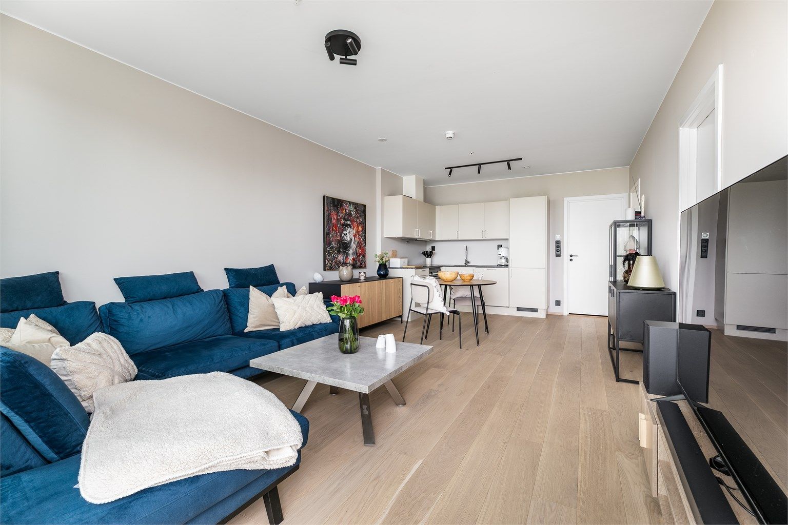 Romløsningen er meget effektiv, blant annet med stuen og kjøkkenet i åpen løsning.