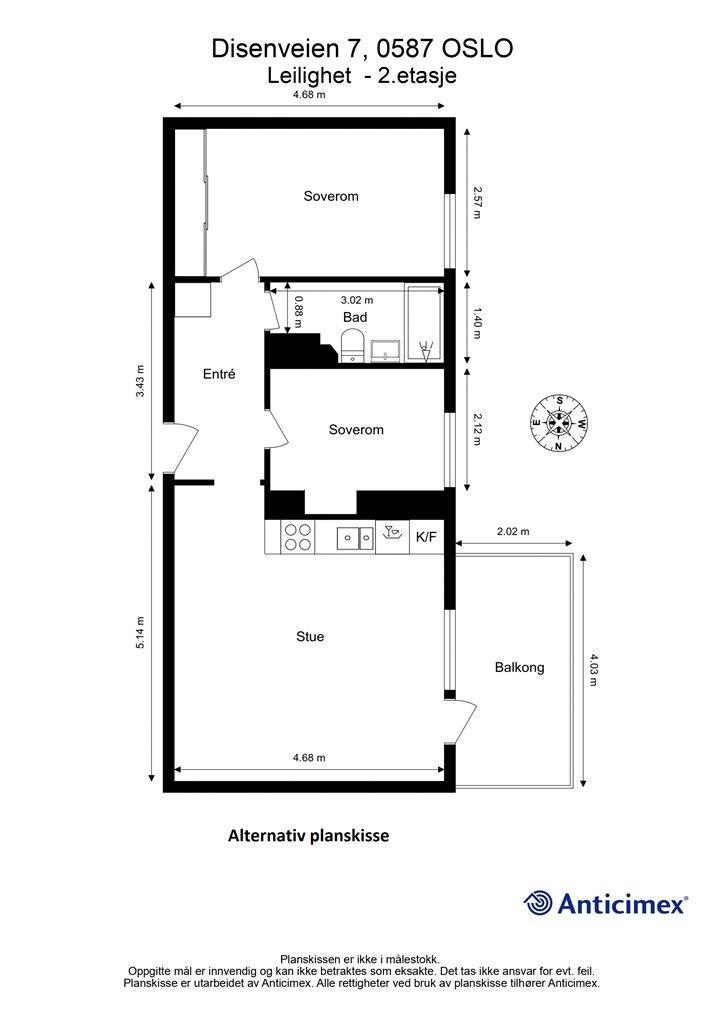 Alternativ planskisse - Det er flere lignende leiligheter i borettslaget som er omgjort til 3-roms ved å flytte kjøkkenet til stuen