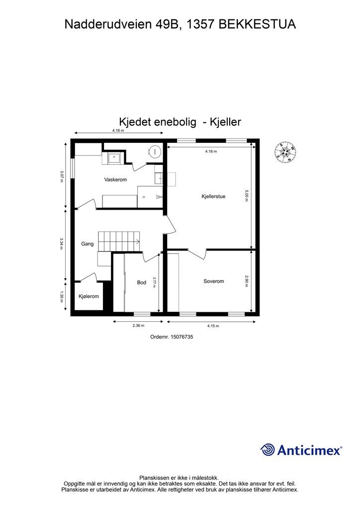 Kjelleren inneholder flere innredede rom, vaskerom, kjølerom og bod. Etasjen er ikke godkjent til varig opphold.