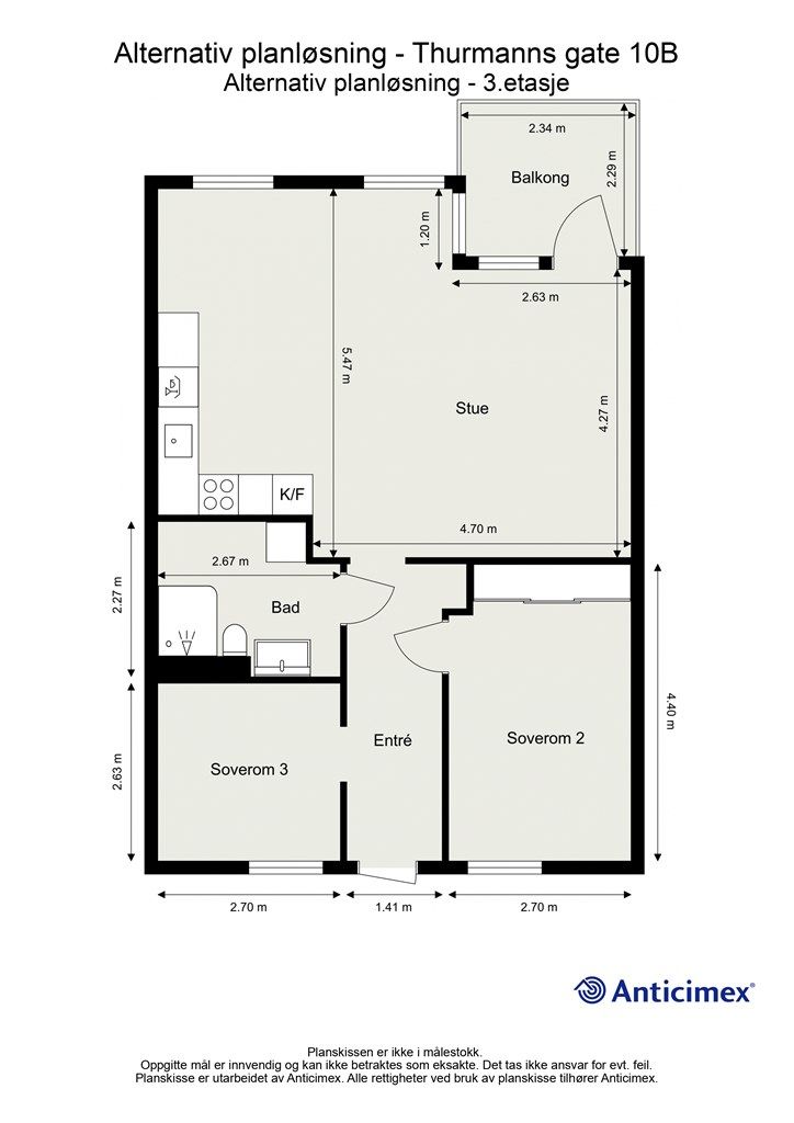 Alternativ plantegning. Enkelte leiligheter i borettslaget har flyttet kjøkken ut i stuen for å etablere åpen løsning.