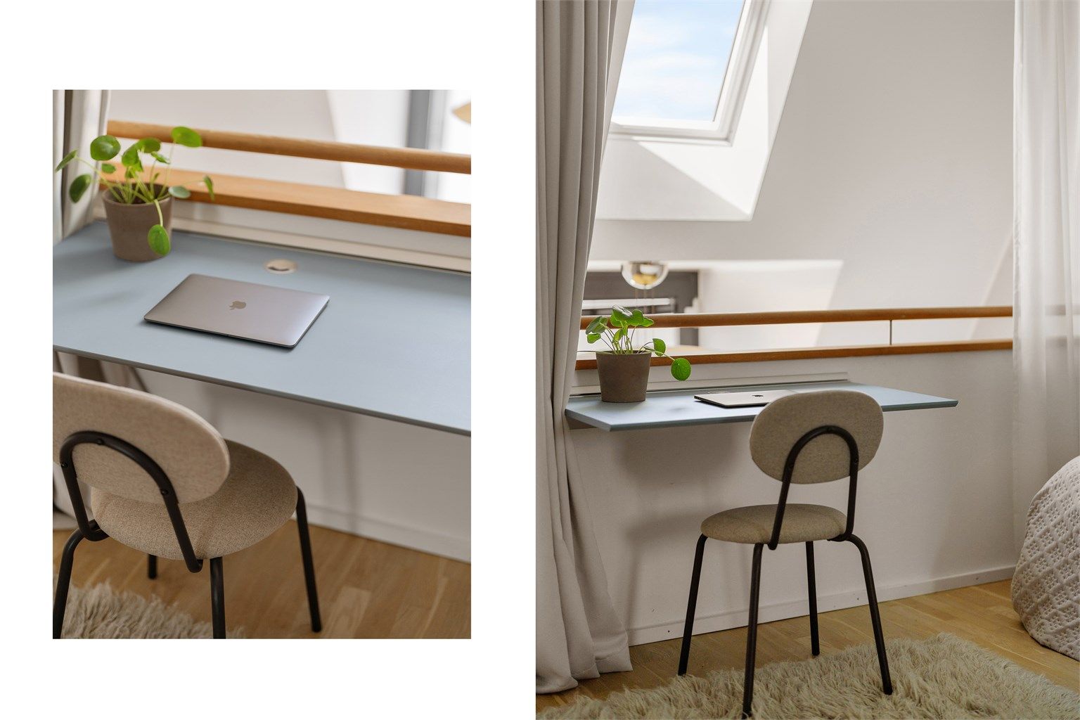 Her er det lagt til rette for en god arbeidssone med veggmontert skrivebord.
