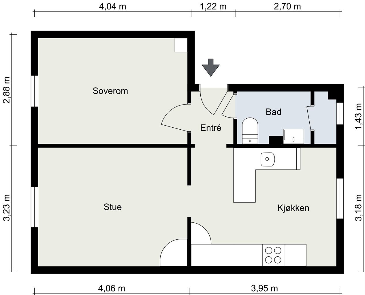 Plantegning. I tillegg disponerer leiligheten totalt 2 boder, en kjellerbod på ca. 6m² og en loftsbod på ca. 4m²(7m² gulvareal).

