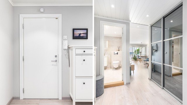 I entreens praktiske skyvedørsgarderobe kan yttertøyet enkelt henges av og hentes ut.