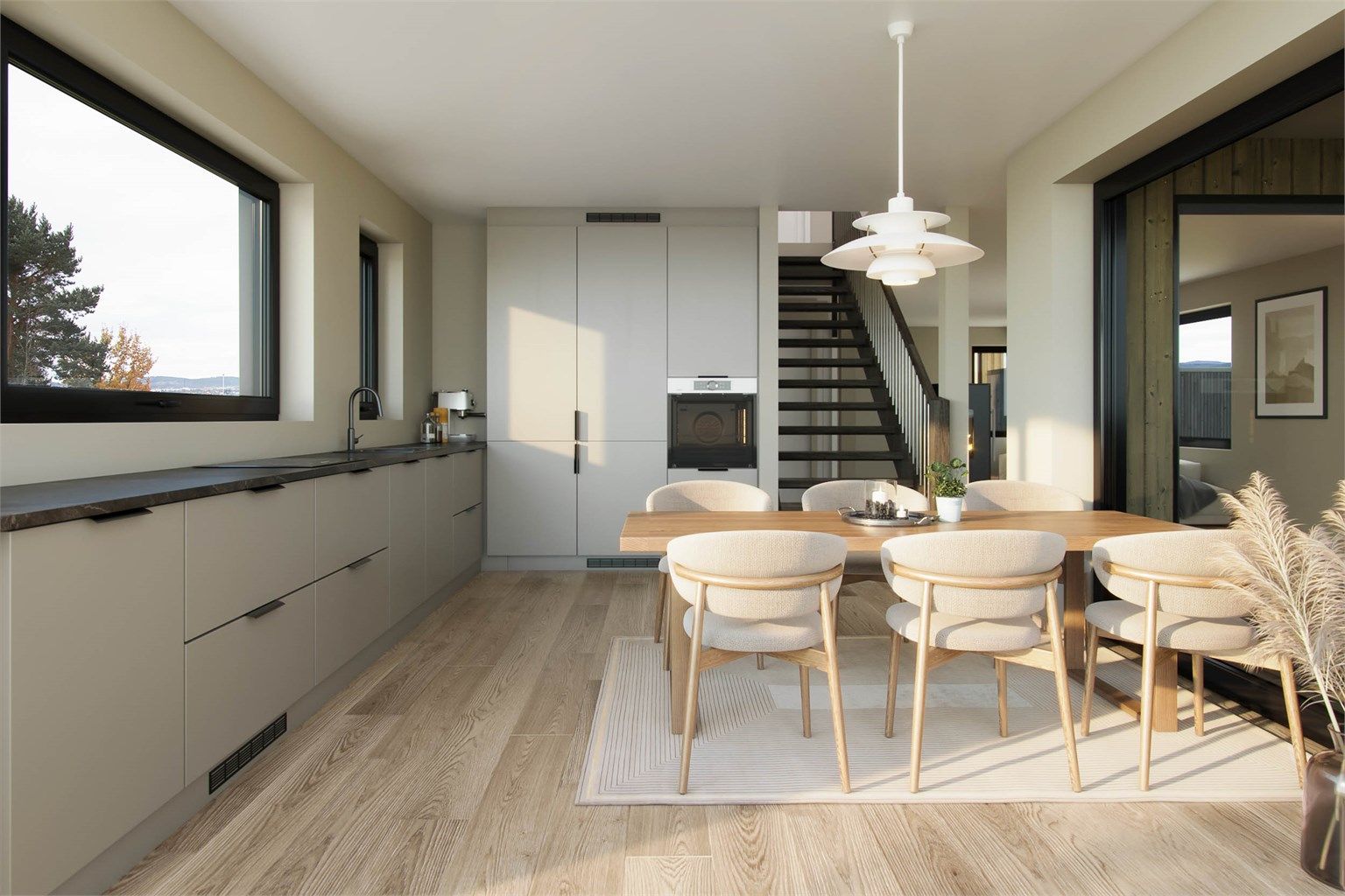 Tidløst og moderne! Nydelig kjøkkeninnredning fra Aubo - Unik Sheer Grey. Kjøkkenet vil leveres med integrert oppvaskmaskin, kombinert kjøle- og fryseskap, stekeovn og platetopp med ventilator.  Illustrasjonsbilde - avvik kan forekomme. 