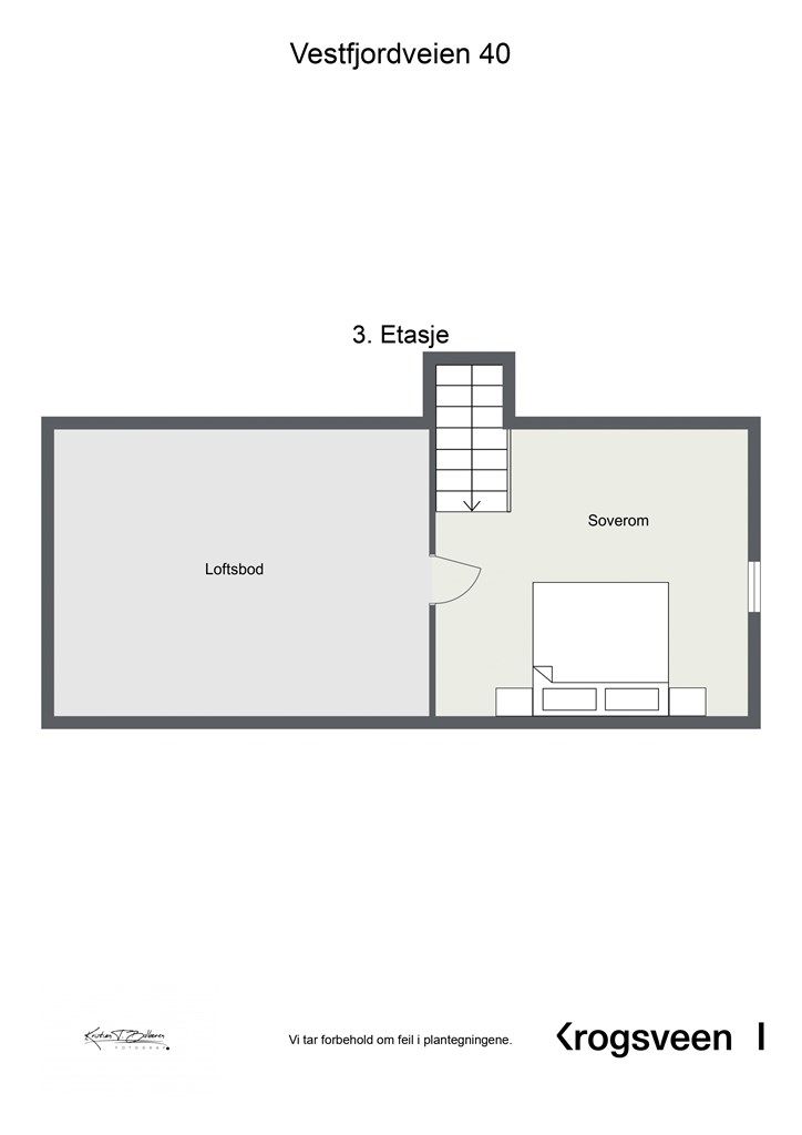 Plantegning 3. etasje - Loftsetasje fremkommer ikke av tegninger.
Det gjøres oppmerksom på at rommene ikke er godkjent for varig opphold. Rommene oppfyller heller ikke dagens krav til takhøyde.