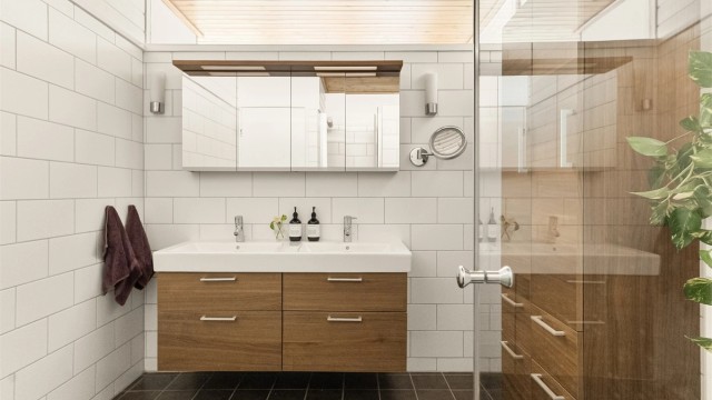 - Hovedbadet har dobbel servant, vegghengt toalett og dusjnisje -