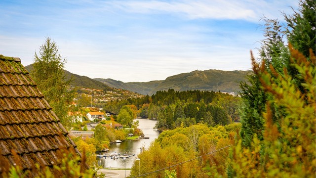 Fra øvre del av tomten er til fin utsikt over Søvika, deler av Kråkenes, Ulriken og Byfjellene