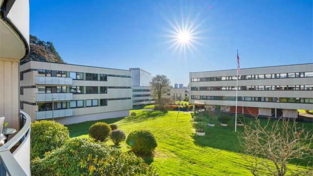 Utsikt fra balkongen over borettslagets opparbeidede fellesarealer.
