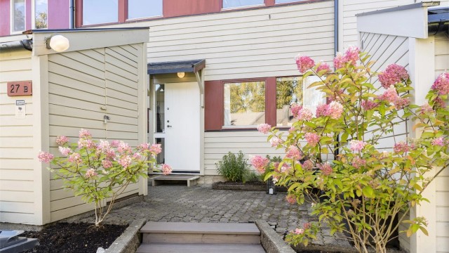 Steinlagt uteplass ved inngangspartiet med tilhørende frittstående utebod.
