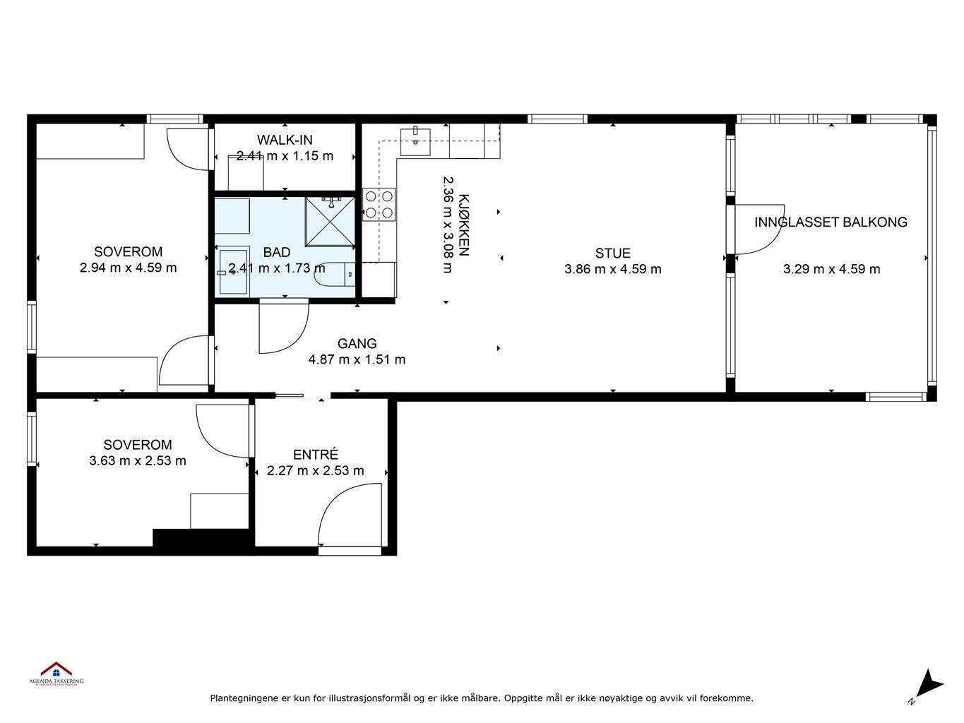 Plantegning med innvendig mål og himmelretning. 