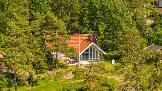 Naturlig vegetasjon med velvoksne trær gjør hytta lite fremtredende.