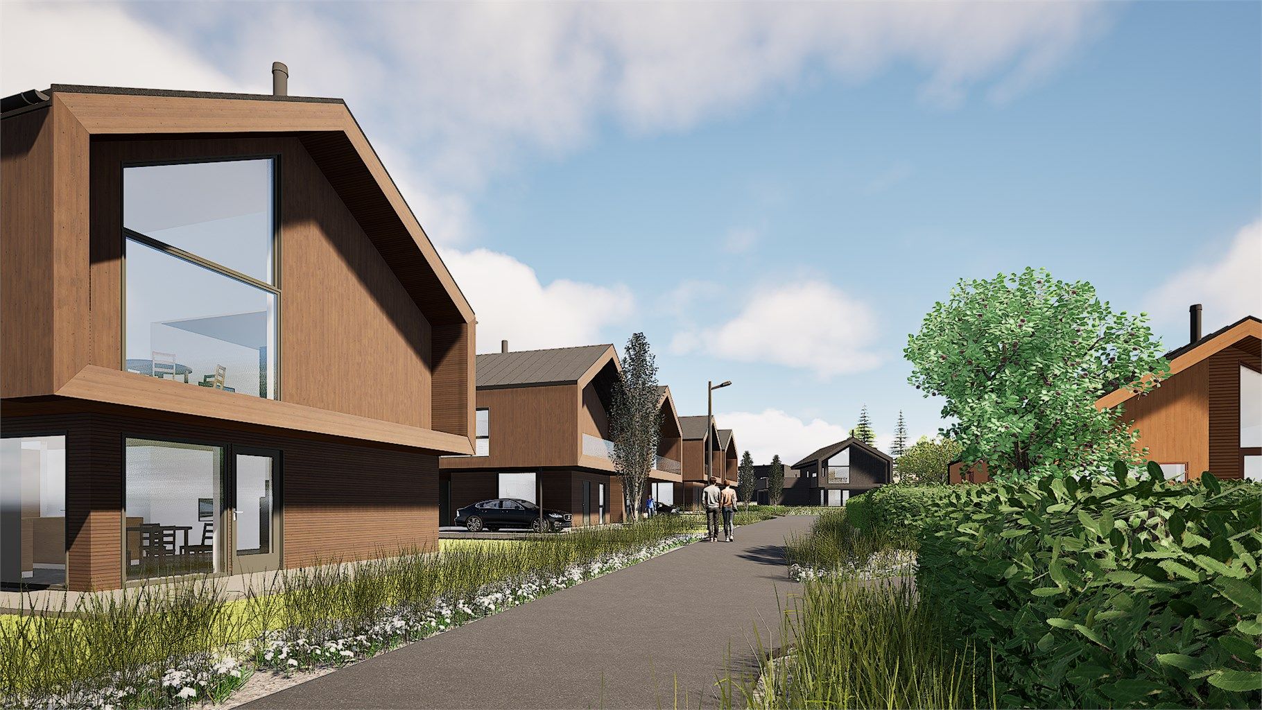 Det vil bli asfaltert og sådd plen på tomtene, men beplatning kommer i tillegg. (3D-illustrasjon, avvik kan forekomme)