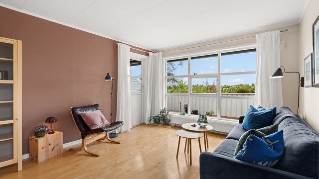 Stuen har god plass til en romslig sofagruppe.