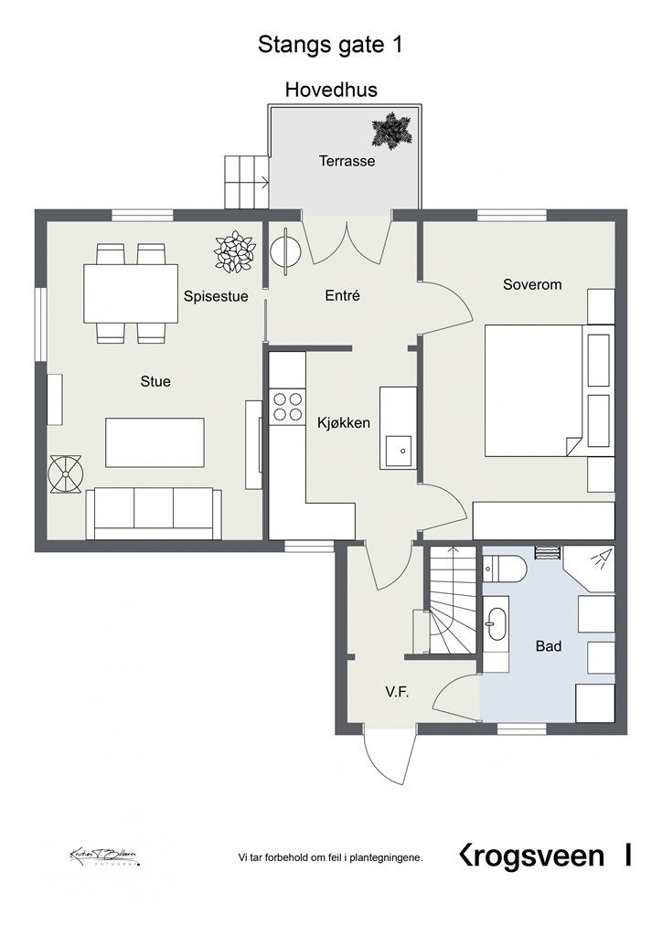 Huset har stue, kjøkken, soverom, bad og entré i 1. etasje og har loft på øvre plan.