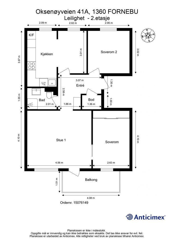 Plantegningen viser en arealeffektiv leilighet på 67 m² med to soverom, stue, kjøkken og bad.