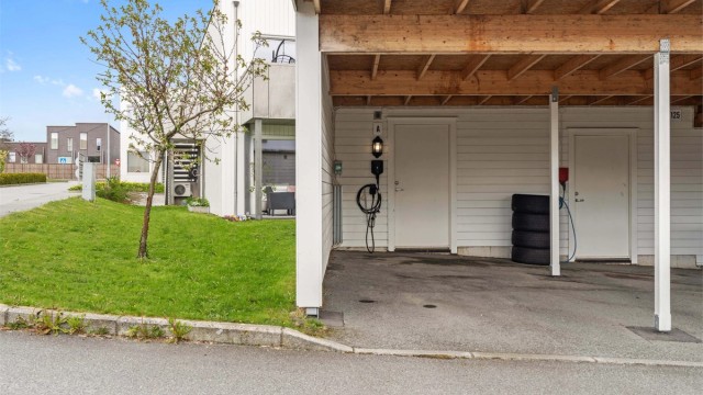 Parkeringsplassen er utstyrt med elbillader, og det er en ekstern bod i tilknytning til carporten.