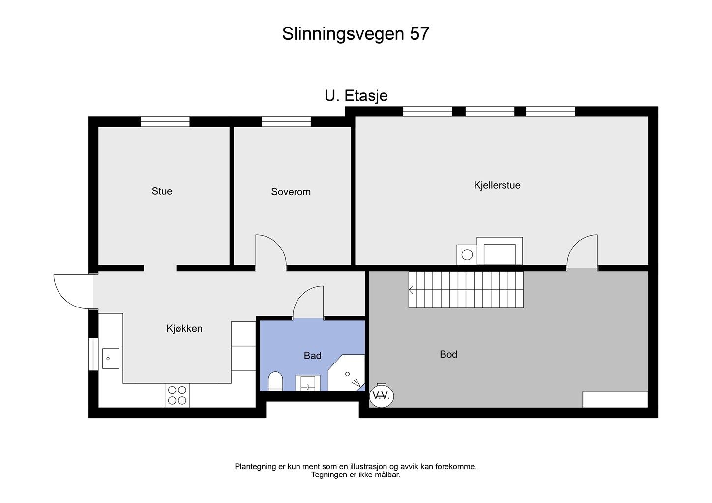 Underetasjen er innredet med kjellerstue, bod og en del som i dag benyttes som en separat enhet. Denne bruksendringen er søknadspliktig, men ikke godkjent.