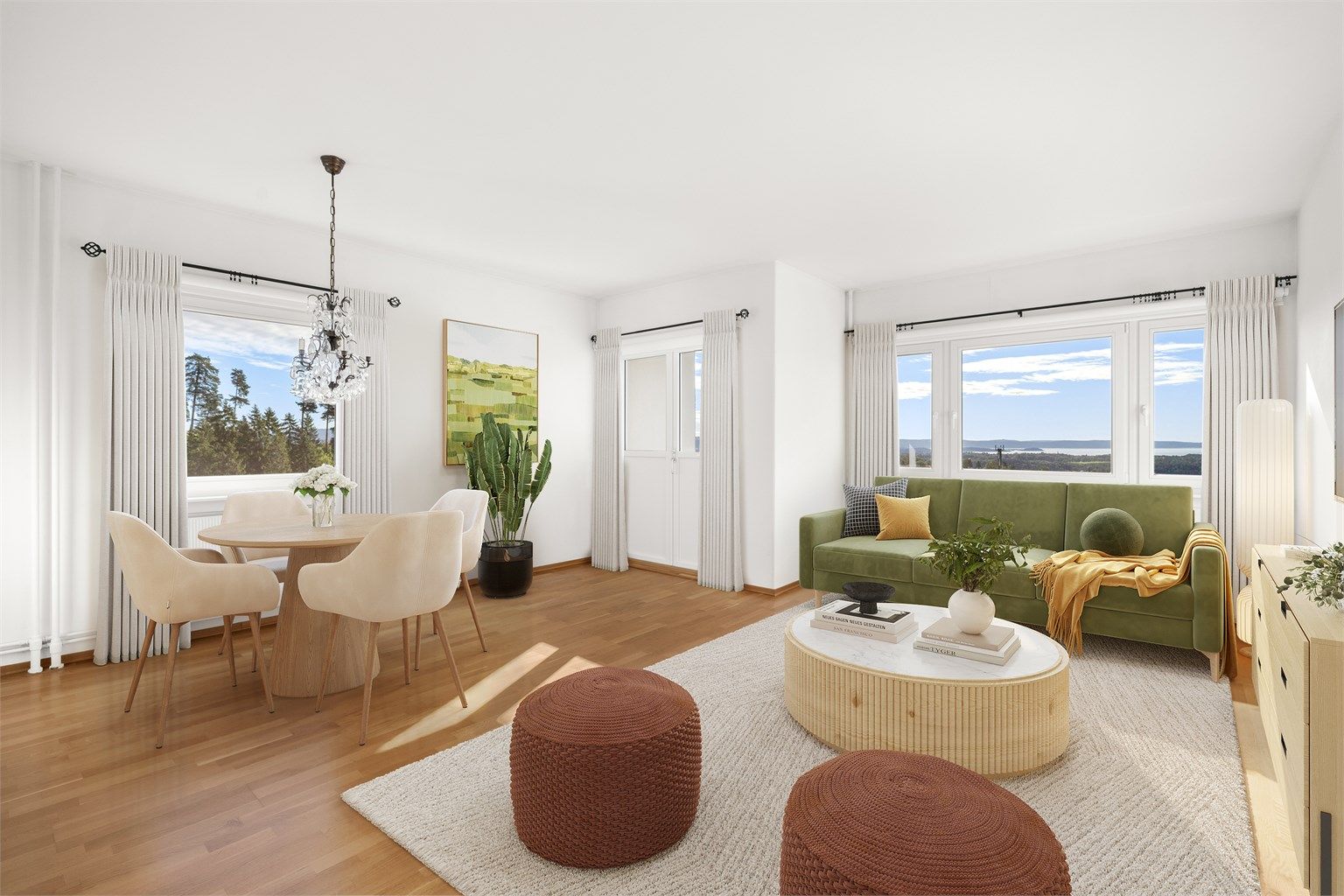 en lys og innbydende 3-roms leilighet med praktisk planløsning. 3D-styling kun ment som illustrasjon. Størrelse og mål på møbler kan ikke betraktes som eksakte.