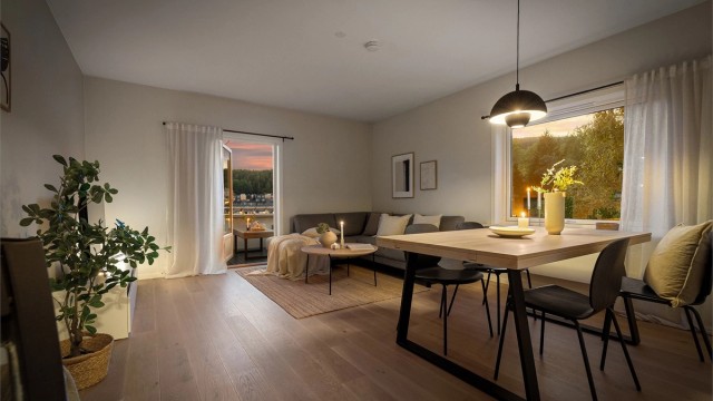 Stue med plass til både sofagruppe og spisebord