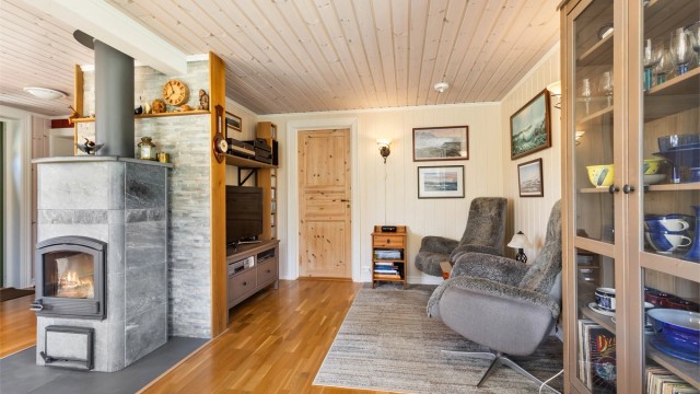 Stålpipen og ildstedet i stuen er fra tilbygget i 2018/2019. Klebersteinsovn som gir god varme.