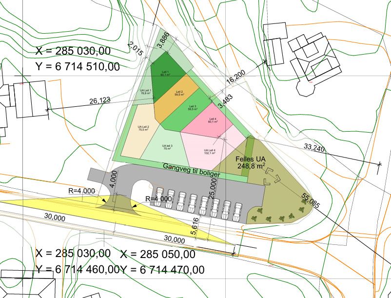 Kart med inntegnet 4- mannsbolig iht. rammetillatelse.